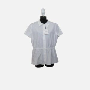 Theory Sz Medium Short Sleeve Cinched Waist Poplin Shirt White Core Work NEW